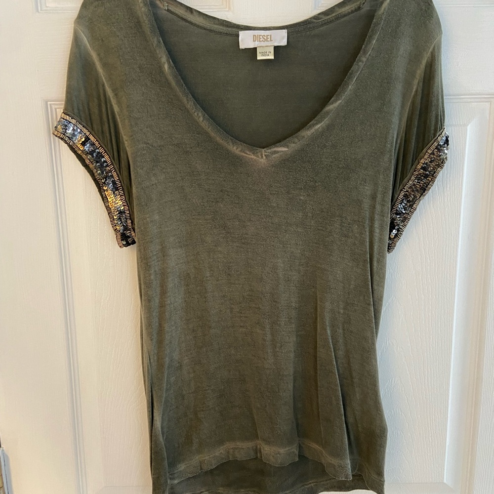 Diesel Khaki Women's Tee with Sequin Sleeves